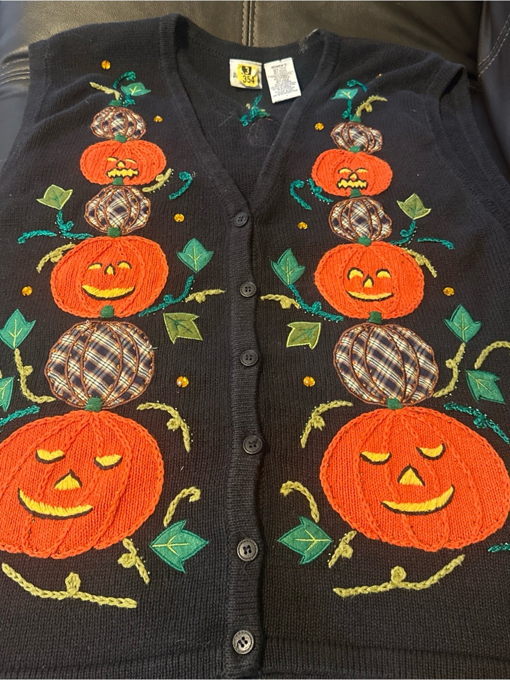 Vintage 90s Bobbie Brooks Black Cardigan with Orange Pumpkin Embroidery
